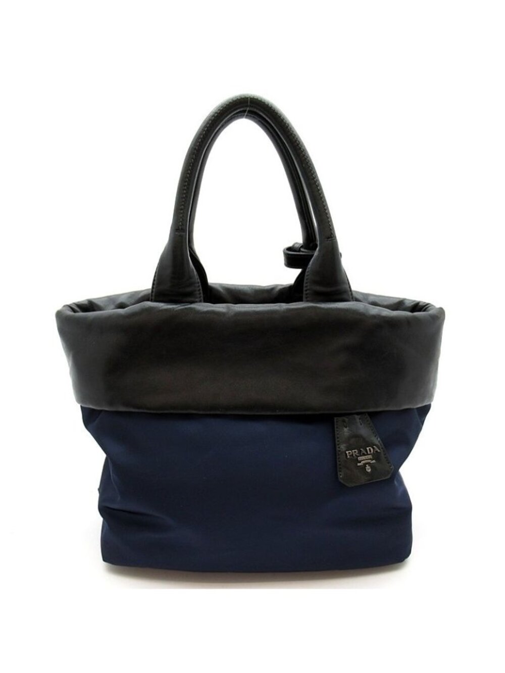 Prada Handbag Nylon Leather Tote Black Navy